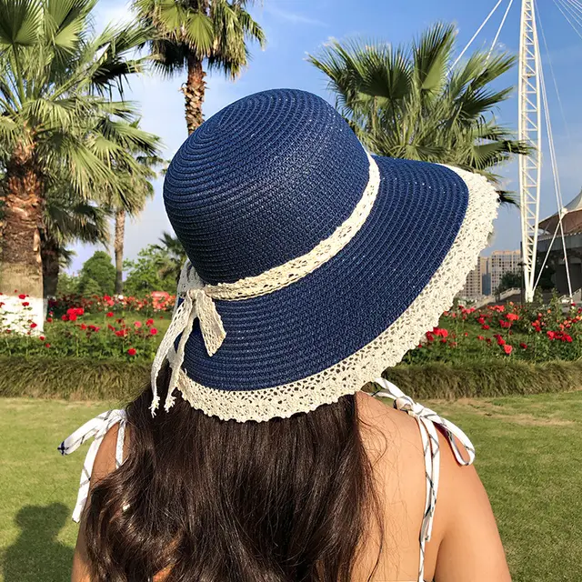 New Summer Women's Korean Version Of Gauze And Bowknot Straw Hat Navy Blue - Shop at LoveMi