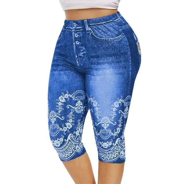 Women Mid Calf Leggings Imitate Jeans Printed Stretch Color G - Shop at LoveMi