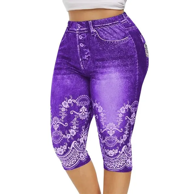 Women Mid Calf Leggings Imitate Jeans Printed Stretch Color I - Shop at LoveMi