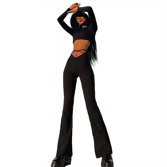 V shaped Waist Cropped Umbilical Cross Strap Flared Slacks Black - Shop at LoveMi