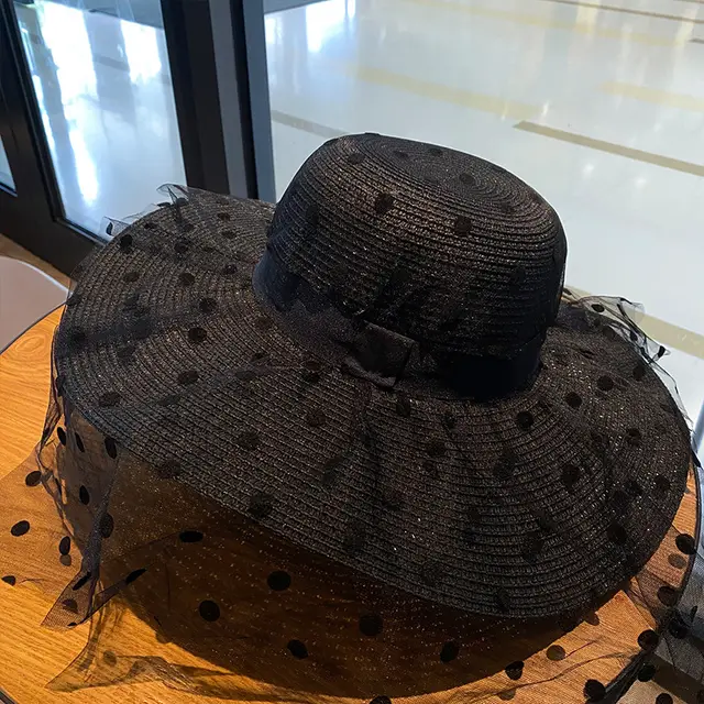 Wide Brim Beach Polka Dot Mesh Large Oversized Straw Hats For Women Black - Shop at LoveMi
