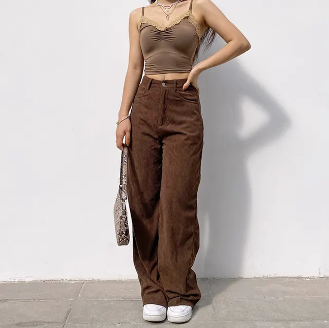 Street High Waist Pocket Corduroy Solid Color Loose Straight Pants Brown - Shop at LoveMi