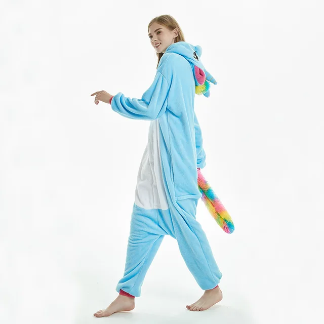 Autumn And Winter Flannel Panda Dinosaur One piece Pajamas Light Blue - Shop at LoveMi