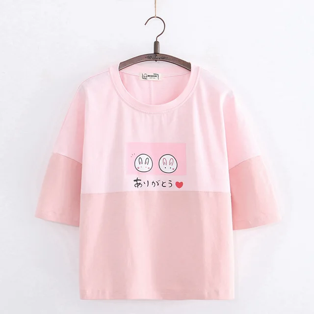 College Style Sweet Cartoon Two Rabbits Color Matching Round Neck Short Sleeved T Shirt Blouse Pink - Shop at LoveMi