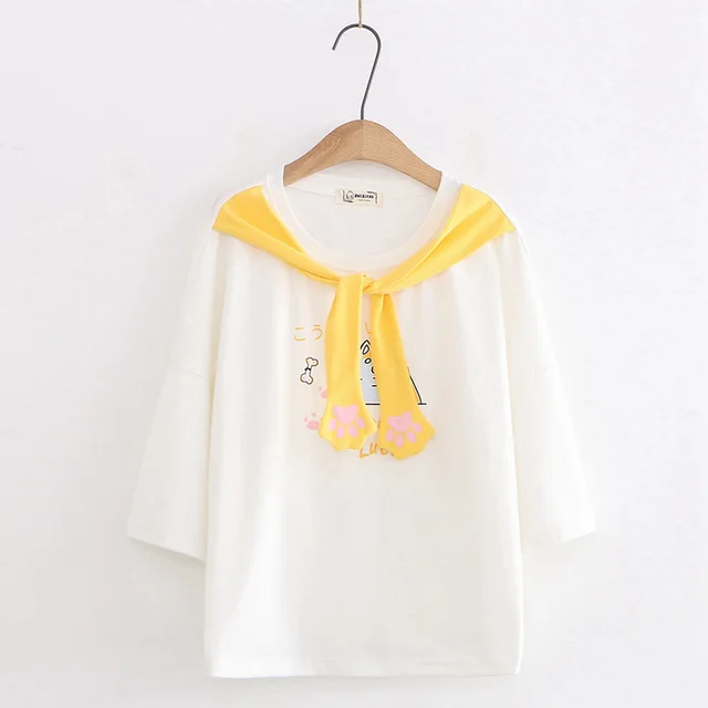 Tie Cat Paw Cartoon Print Short sleeved Cotton T shirt Women White - Shop at LoveMi