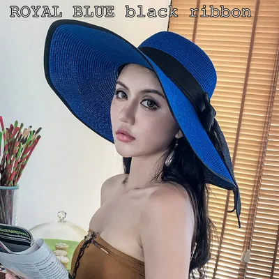 Beach Straw Hat Women's Seaside Big Brim, Sunscreen And Sunshade, All match For Vacation Royal Blue Biack Ribbon - Shop at LoveMi