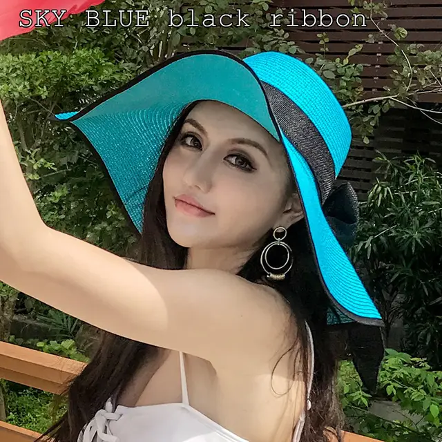 Beach Straw Hat Women's Seaside Big Brim, Sunscreen And Sunshade, All match For Vacation Sky Blue Black Ribbon - Shop at LoveMi