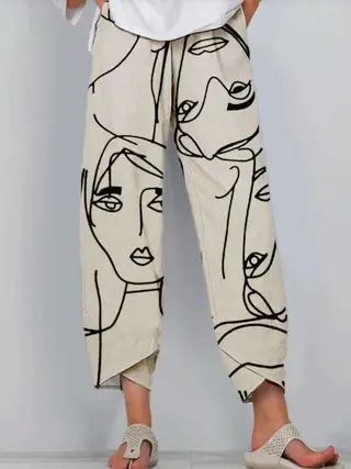 All-match Linen Loose Cropped Trousers - Apricot