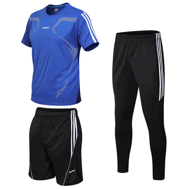 Sports Suit Men's Summer New Black Three Piece Suit Youth Leisure Sports Men's Fitness Three Piece Suit Trend Blue - Shop at LoveMi