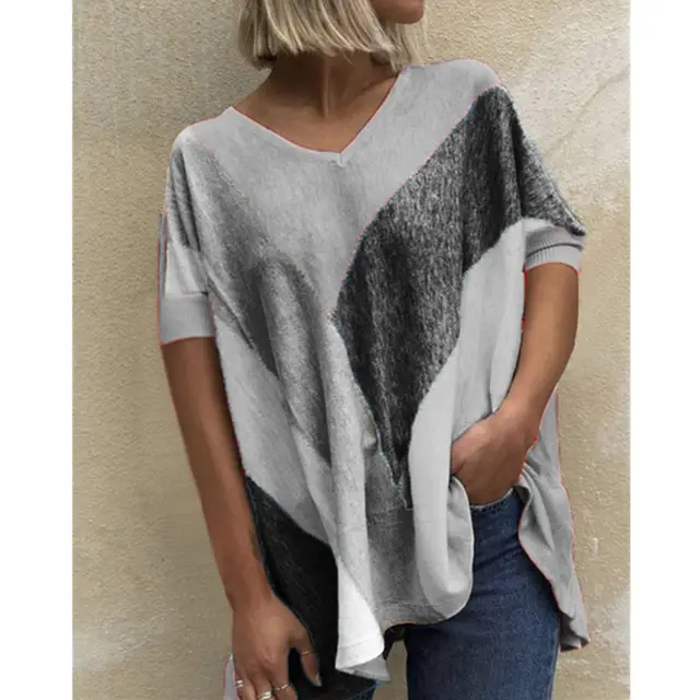 V Neck Colorblock Print T Shirt Grey - Shop at LoveMi