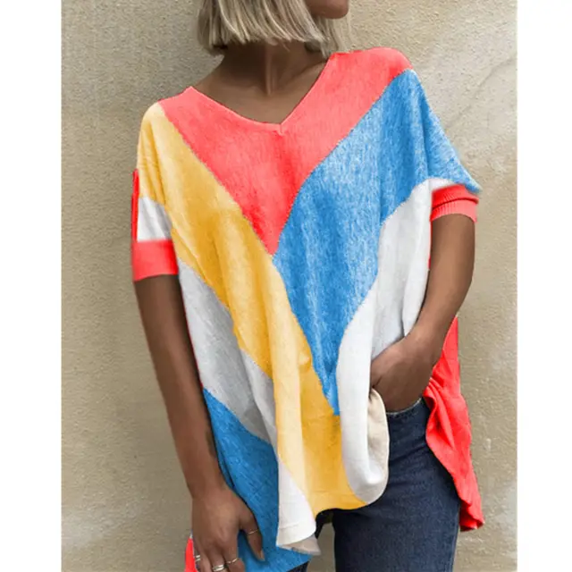V Neck Colorblock Print T Shirt Red - Shop at LoveMi