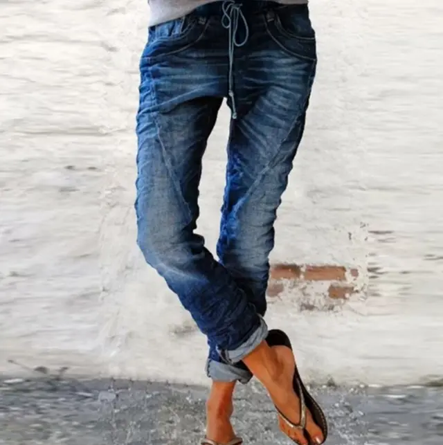Women's Jeans With Stretch Elastic Waist Dark Blue - Shop at LoveMi