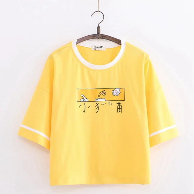 Women's Cartoon Cat Wild Student Short sleeved T shirt Loose Ins Shirt Half sleeved Shirt Yellow - Shop at LoveMi