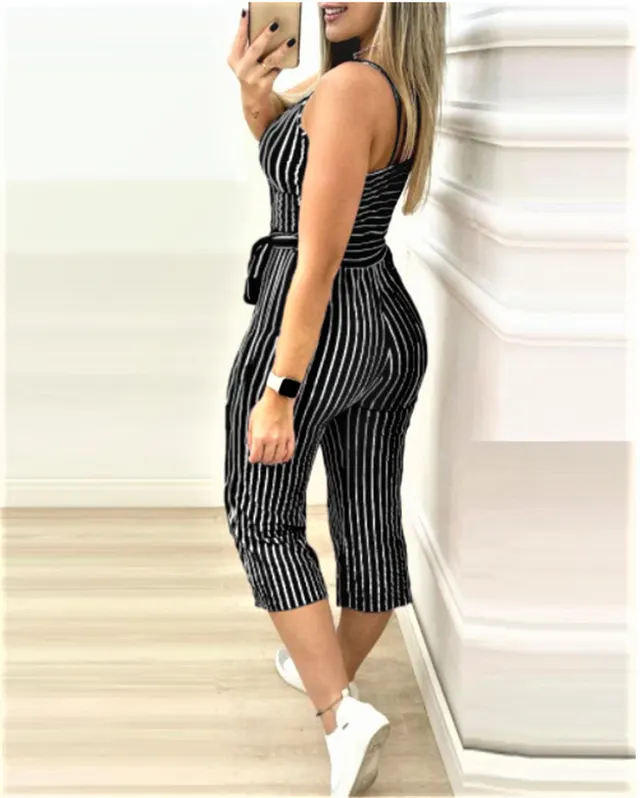 Cropped Jumpsuit With Striped Straps Black - Shop at LoveMi