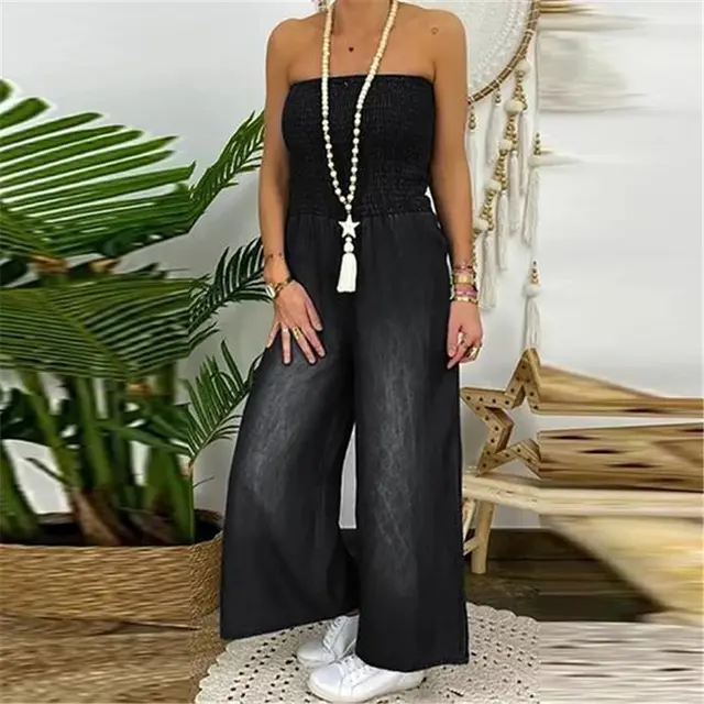 Full chested Elasticated Slim fit One piece Slit Wide leg Casual Denim Trousers Black - Shop at LoveMi