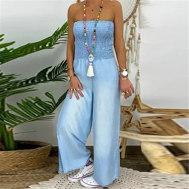 Full chested Elasticated Slim fit One piece Slit Wide leg Casual Denim Trousers Blue - Shop at LoveMi