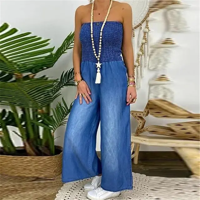 Full chested Elasticated Slim fit One piece Slit Wide leg Casual Denim Trousers Dark Blue - Shop at LoveMi
