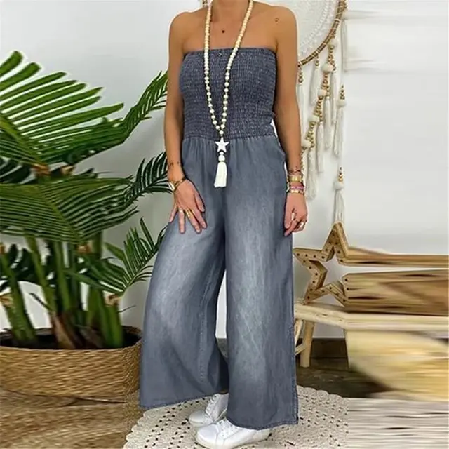 Full chested Elasticated Slim fit One piece Slit Wide leg Casual Denim Trousers Grey - Shop at LoveMi