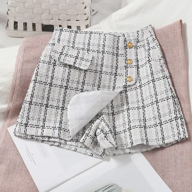 Irregular Checked Culottes With Buttons White - Shop at LoveMi