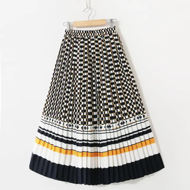 Chiffon A line Large Print Pleated Midi Skirt Yellow - Shop at LoveMi