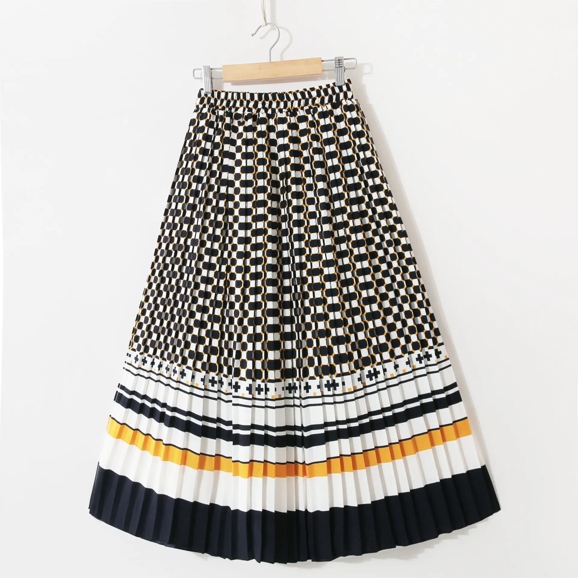 Chiffon A-line Large Print Pleated Midi Skirt - Yellow
