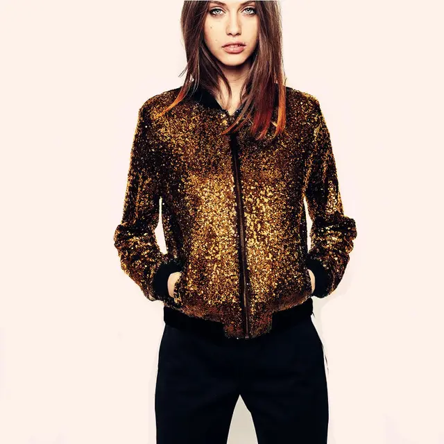 Sports Style Full Sequin Baseball Uniform Casual Jacket Short Coat Gold - Shop at LoveMi