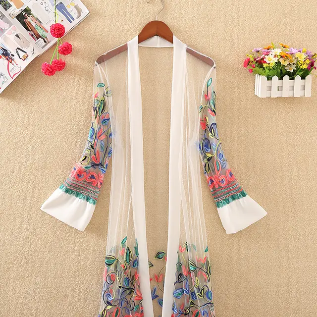 Summer new embroidered beach sunscreen clothing women's mid length White - Shop at LoveMi