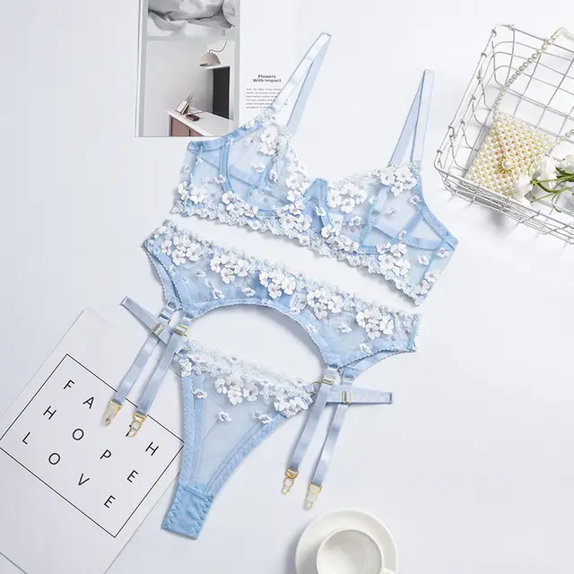 Sexy Lingerie Ladies Three piece Embroidered Steel Ring Blue - Shop at LoveMi
