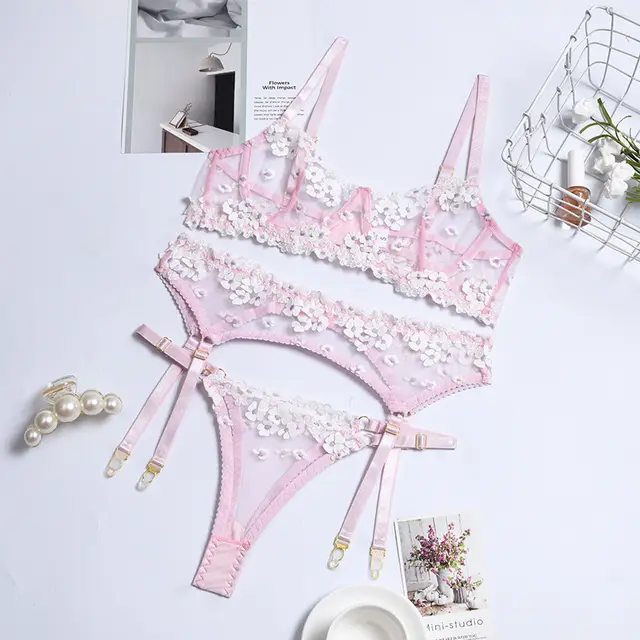 Sexy Lingerie Ladies Three piece Embroidered Steel Ring Pink - Shop at LoveMi