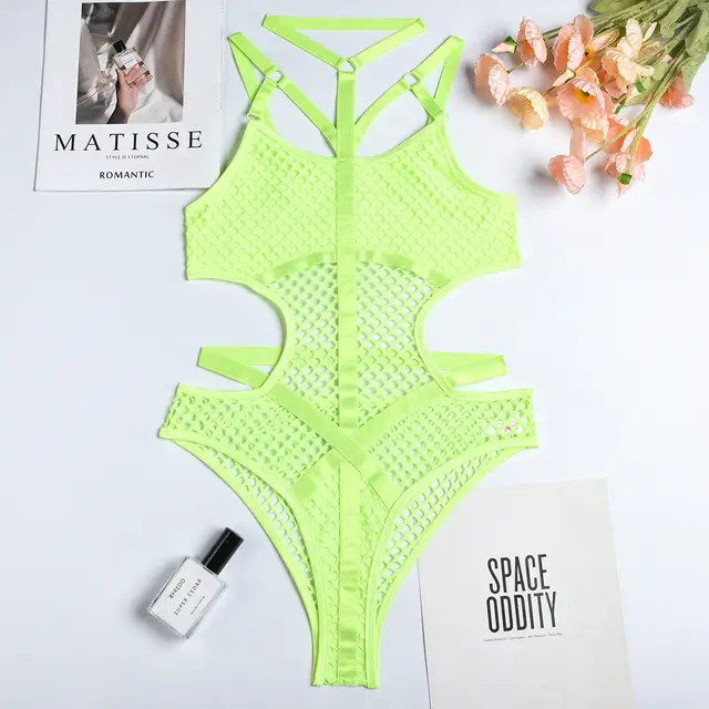 Woman Hanging Neck Sexy Underwear Bodysuit Fluorescent Green - Shop at LoveMi