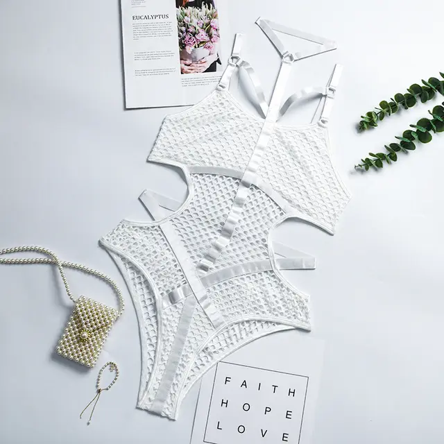 Woman Hanging Neck Sexy Underwear Bodysuit White - Shop at LoveMi