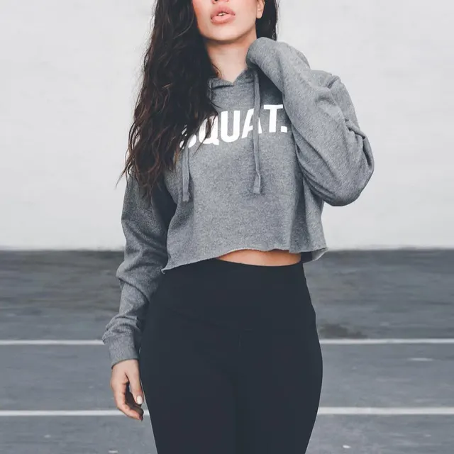 Long sleeved Hooded Lace up Letter Print Short Loose Belly Button Loose Sweater Women Grey - Shop at LoveMi