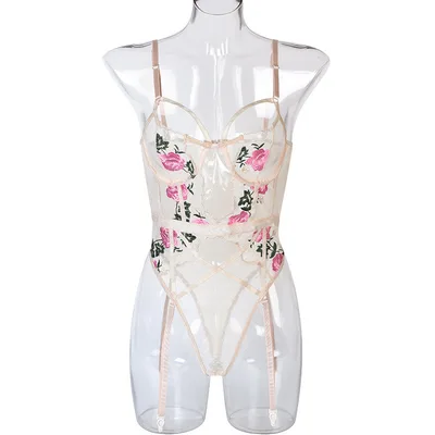 Women's Lace Mesh Stitching Bodysuit Skin S - Shop at LoveMi