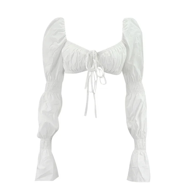 Women's Sexy Fashion Solid Color Trumpet Sleeve Lace up Folds Cropped Crop Top White - Shop at LoveMi
