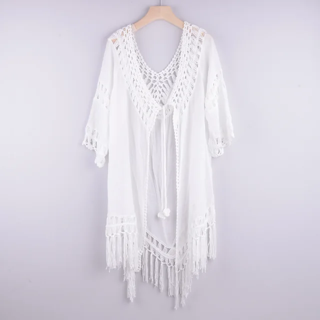 Sexy fringed strappy bikini with cardigan holiday style beach blouse White - Shop at LoveMi