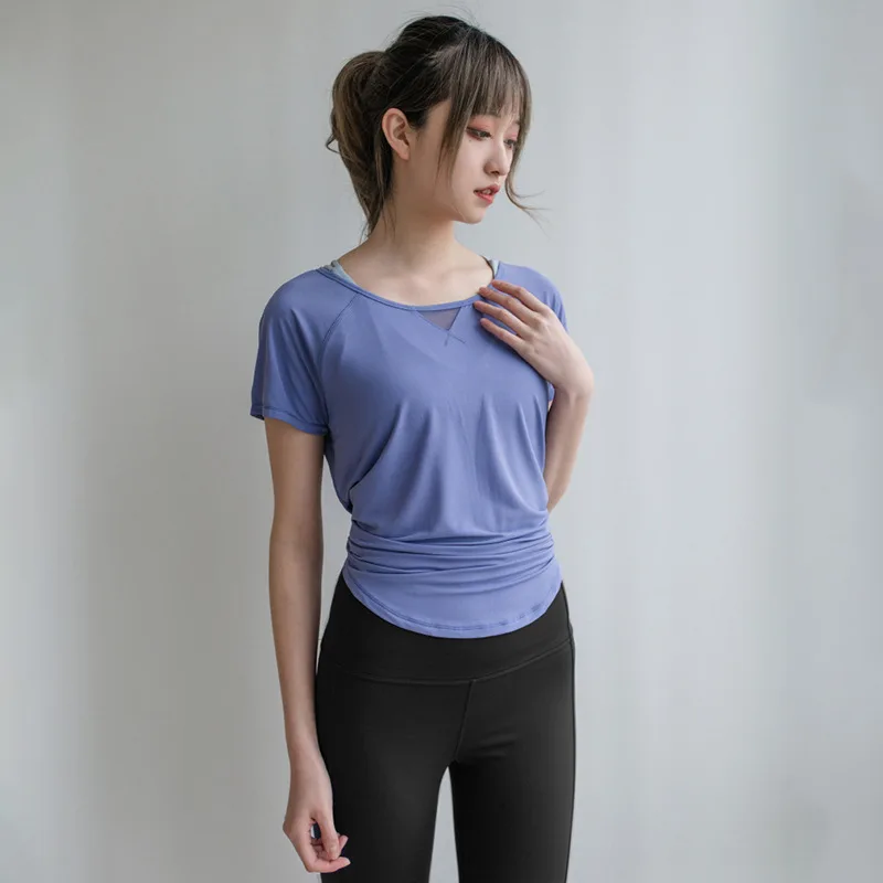 Yoga Clothes Women Loose Mesh Stitching Short Sleeves Blue - Shop at LoveMi