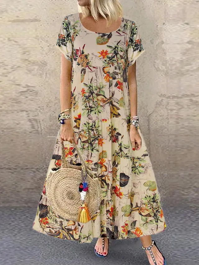 Stand alone Retro Cotton And Linen Floral Print Short sleeved Round Neck Dress Orange - Shop at LoveMi