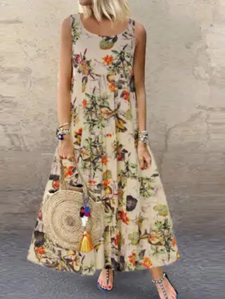 Stand-alone Retro Cotton And Linen Floral Print Short-sleeved Round Neck Dress - Orange1 - View 1