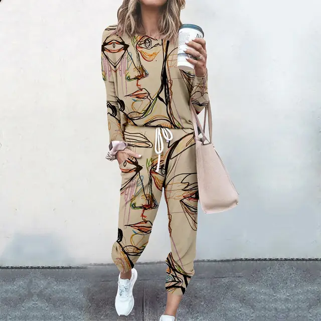 European and American women's abstract painting pattern suit autumn and winter clothing Brown - Shop at LoveMi
