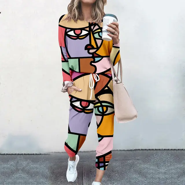 European and American women's abstract painting pattern suit autumn and winter clothing Yellow - Shop at LoveMi
