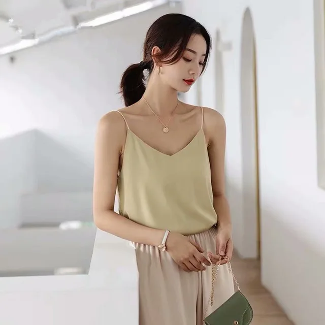 V neck Silk Satin Solid Color Base Camisole Khaki - Shop at LoveMi