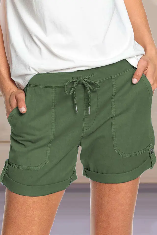 Pure Color Straight Leg Casual Pants Women'S Lace Up Shorts Army Green - Shop at LoveMi