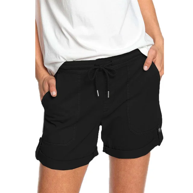 Pure Color Straight Leg Casual Pants Women'S Lace Up Shorts Black - Shop at LoveMi