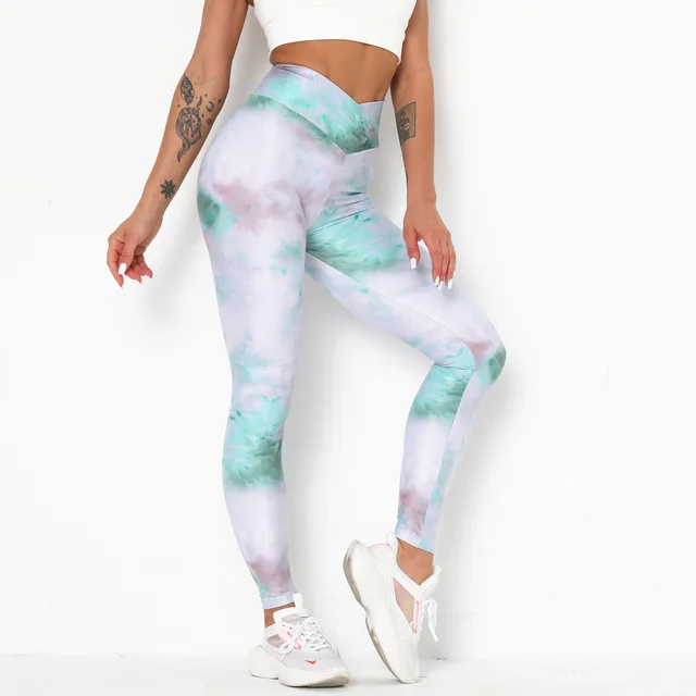 Printed Tie dye Fitness Pants, Cross waist Pants, Sports Tight fitting Hip lifting Yoga Pants Ink Painting - Shop at LoveMi