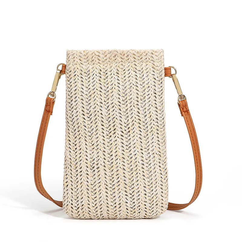 One shoulder Diagonal Bag Woven Vertical Mobile Phone Bag Straw Woven Coin Purse White - Shop at LoveMi