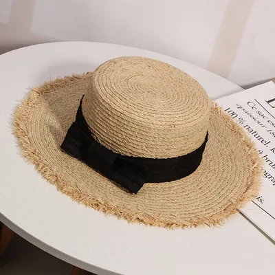 Elegant Bowknot Raffia Hat Female Summer Sunscreen Beach Hat Holiday Flat Top Hat Black - Shop at LoveMi