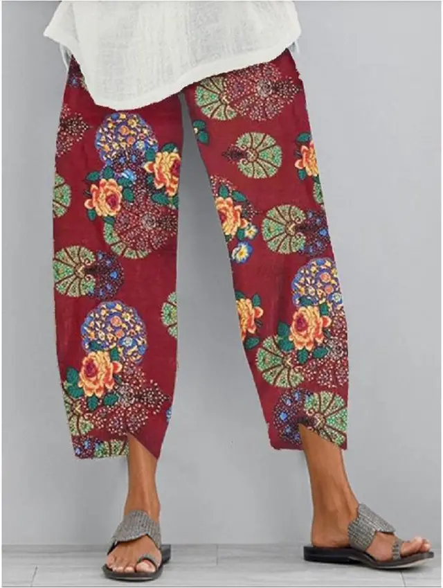 Women's Printed Casual Elastic Women's Trousers Wine Red - Shop at LoveMi