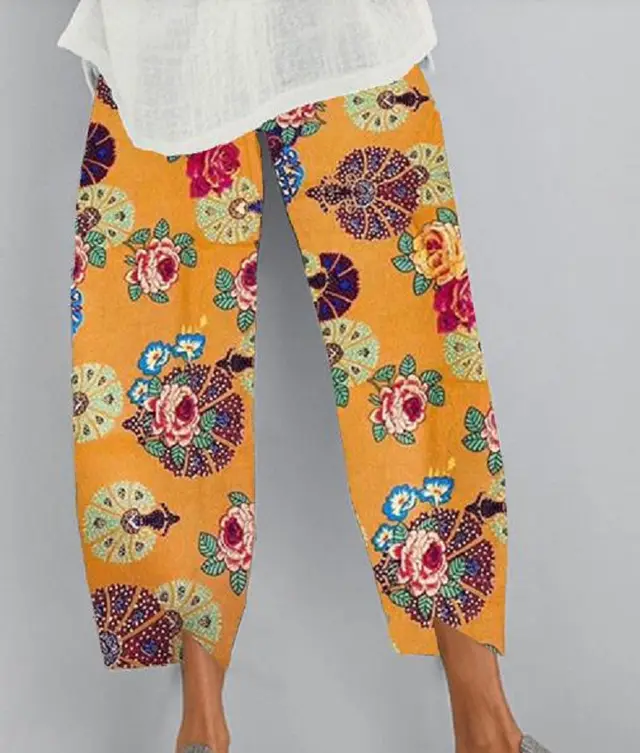 Women's Printed Casual Elastic Women's Trousers Yellow - Shop at LoveMi