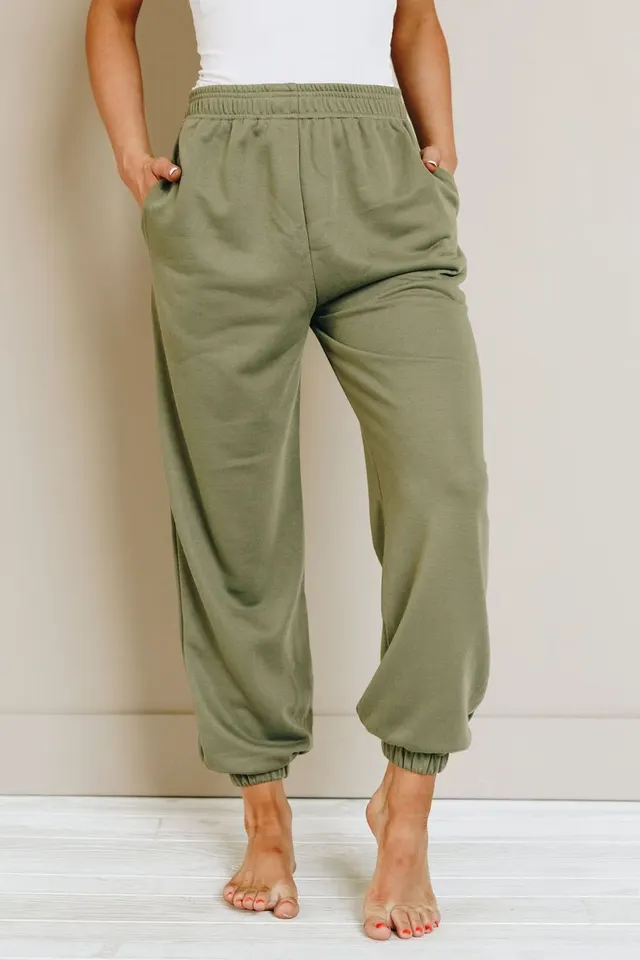 Women's Solid Color Loose High Waist Sweatpants Sports Casual Trousers Women Army Green - Shop at LoveMi