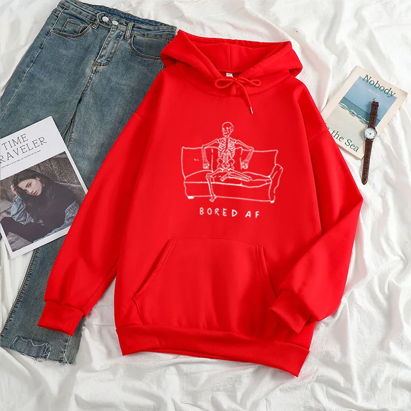 Funny Skull Sitting On The Sofa Printed Casual Hooded Sweater Red - Shop at LoveMi